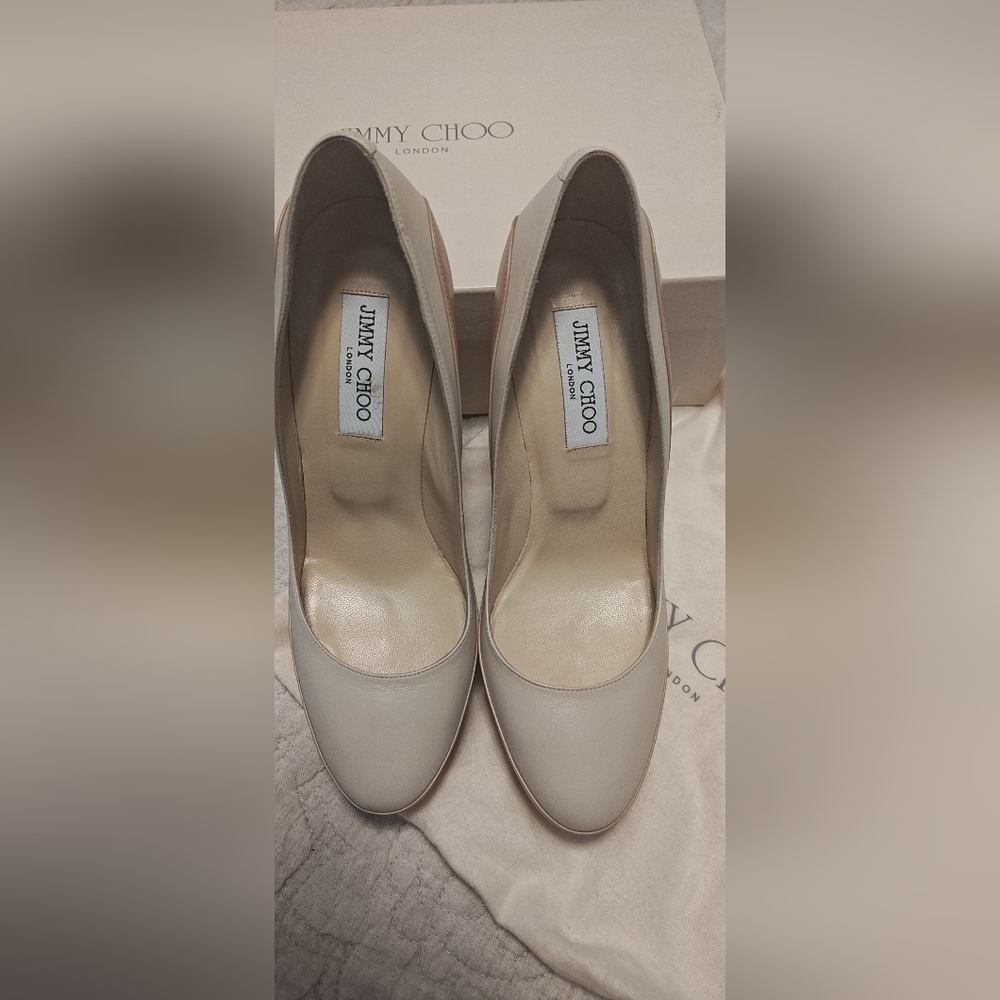 Jimmy Choo Women's SEPIA KNL Nude & White Kid/Nappa Leather Heels - Like New - Picture 5 of 16